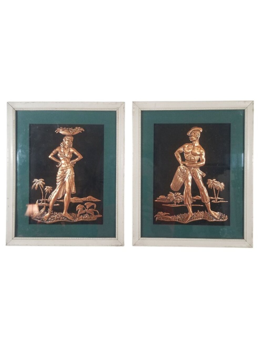 Vintage Tropical Embossed Copper Metal Art Pair Handcrafted Framed w/Glass